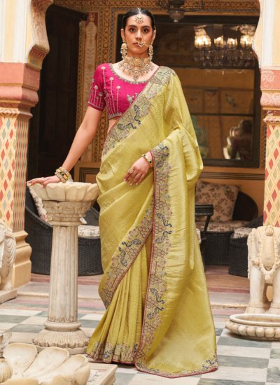 Divine Yellow Embroidered Classic Saree