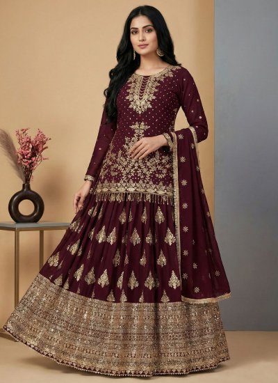 Elegant Embroidered Maroon Silk Readymade Lehenga Choli