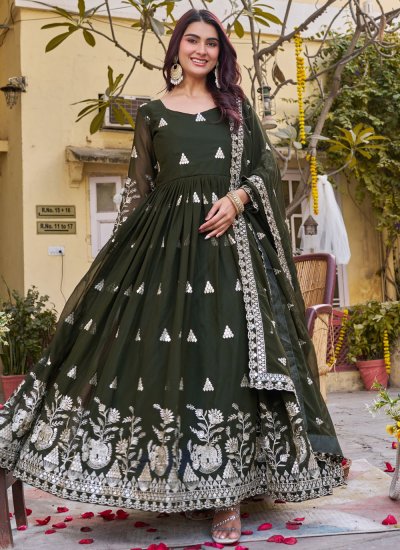Whimsical Faux Georgette Embroidered Trendy Gown -
