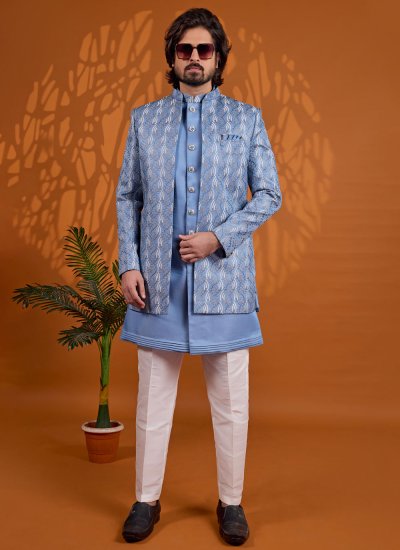 Embroidered Art Silk Indo Western in Aqua Blue Colour