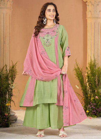Embroidered Chanderi Trendy Salwar Kameez in Green