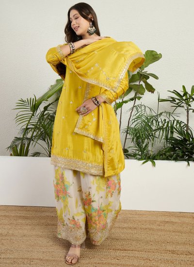 Embroidered Chinon Trendy Salwar Kameez in Yellow Colour
