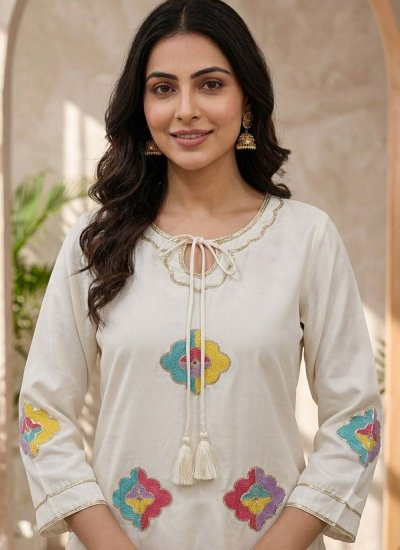 
                            Embroidered Crepe Silk Readymade Salwar Kameez in Off White