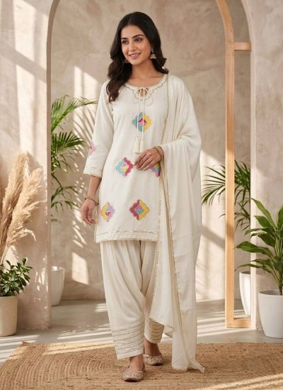 Embroidered Crepe Silk Readymade Salwar Kameez in Off White