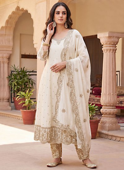 Embroidered Georgette Readymade Salwar Kameez in Off White