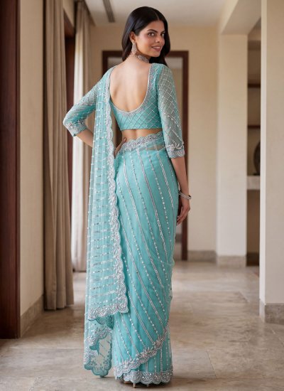 
                            Embroidered Net Classic Saree in Aqua Blue Colour