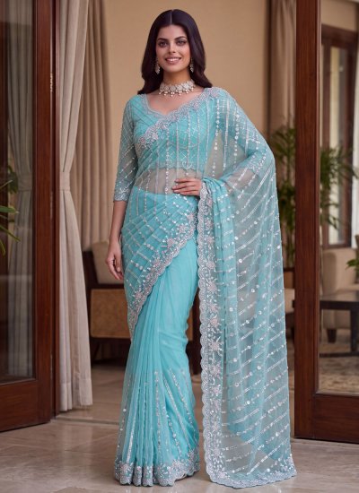 Embroidered Net Classic Saree in Aqua Blue Colour