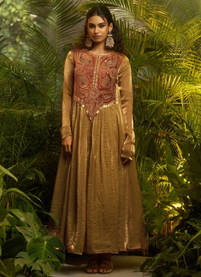 Embroidered Organza Designer Gown in Green