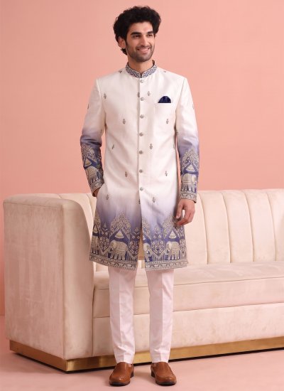 Embroidered Satin Indo Western in Purple and White Colour