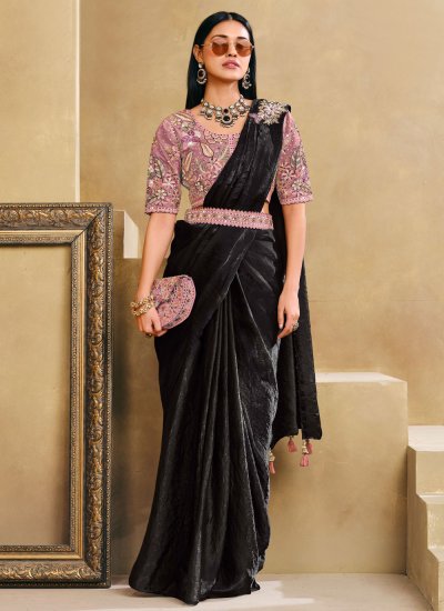 Embroidered Silk Classic Saree in Black Colour