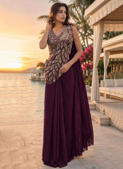 Embroidered Silk Classic Saree in Wine Colour