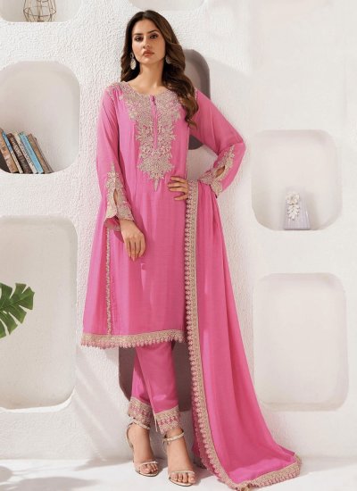 Embroidered Silk Pant Style Suit in Pink Colour