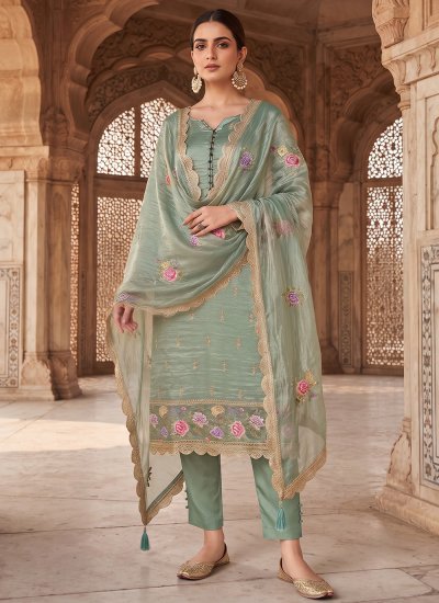 Embroidered Silk Salwar Kameez in Sea Green Colour
