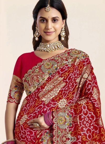 
                            Embroidered Silk Saree in Pink and Red Colour