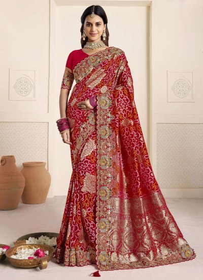 Embroidered Silk Saree in Pink and Red Colour