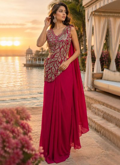 Embroidered Silk Trendy Saree in Rani Colour