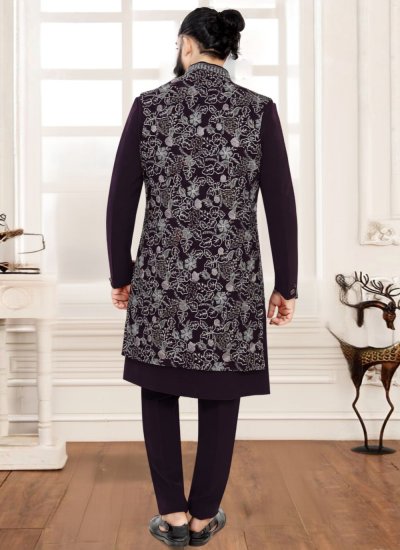 
                            Embroidered Terry Rayon Sherwani in Wine Colour
