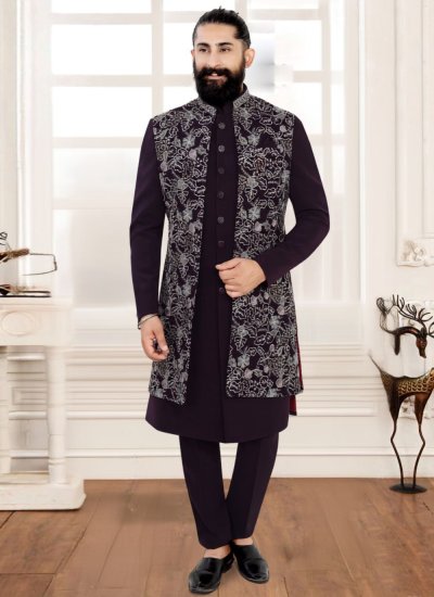 Embroidered Terry Rayon Sherwani in Wine Colour