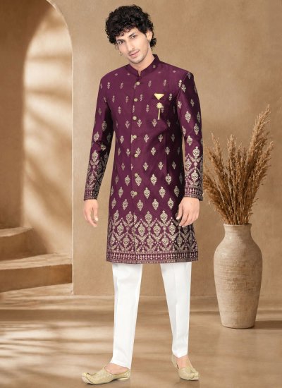Embroidered Velvet Indo Western in Wine Colour