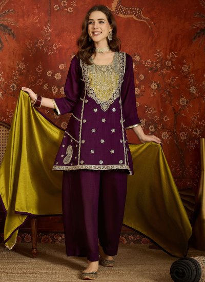 Embroidered Vichitra Silk Palazzo Salwar Suit in Purple Colour