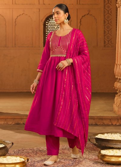 Embroidered Viscose Salwar Suit in Pink Colour