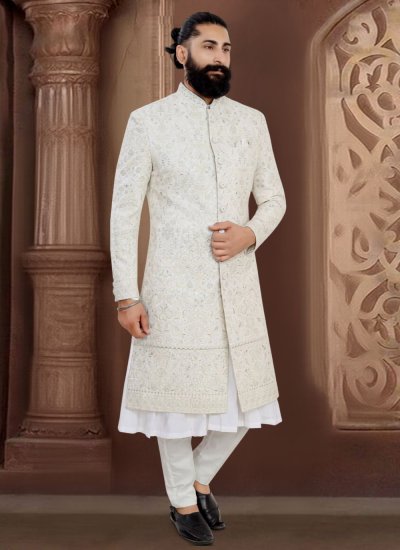 Embroidered Viscose Sherwani in Off White Colour