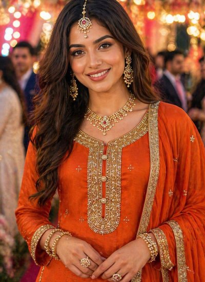 
                            Enchanting Embroidered Chinon Orange Readymade Salwar Kameez