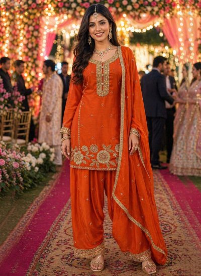 Enchanting Embroidered Chinon Orange Readymade Salwar Kameez