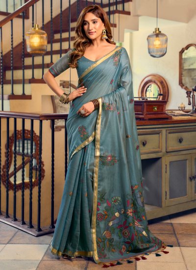 Engrossing Aqua Blue Cotton Classic Saree