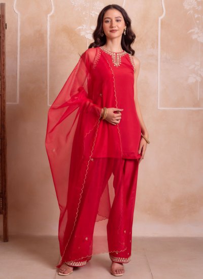 Engrossing Red Faux Crepe Readymade Salwar Kameez