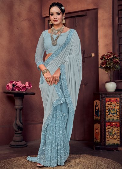 Enthralling Aqua Blue Embroidered Trendy Saree