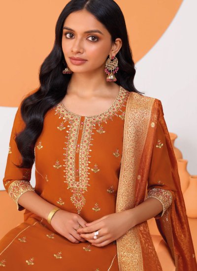 
                            Excellent Embroidered Silk Blend Orange Trendy Salwar Suit