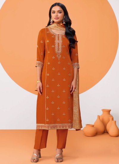 Excellent Embroidered Silk Blend Orange Trendy Salwar Suit