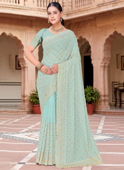 Exceptional Georgette Embroidered Sea Green Classic Saree