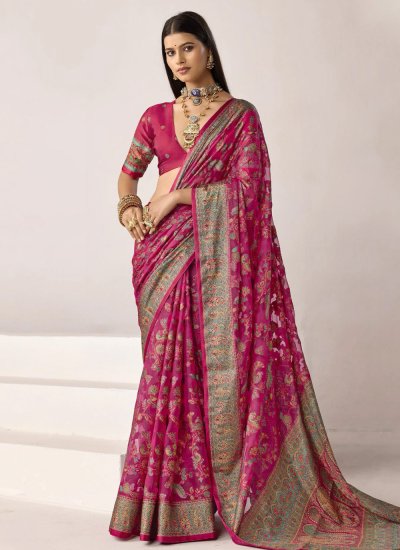 Exceptional Silk Printed Pink Classic Saree