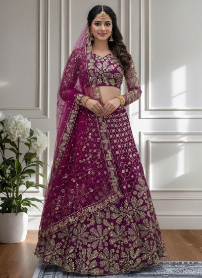 Exciting Embroidered Net Purple Trendy Lehenga Choli