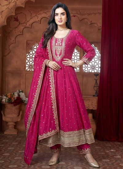 Exotic Silk Embroidered Rani Anarkali Salwar Kameez