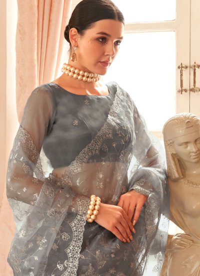 
                            Exquisite Organza Grey Aari Saree