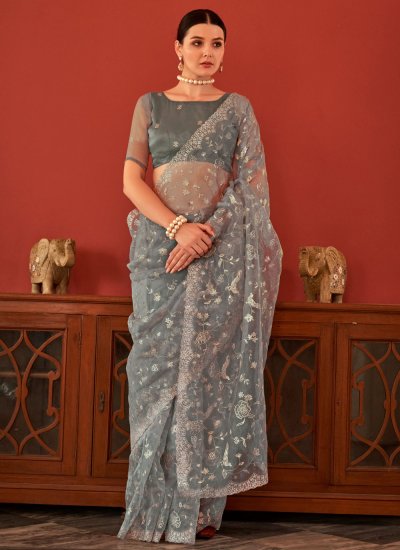 Exquisite Organza Grey Aari Saree