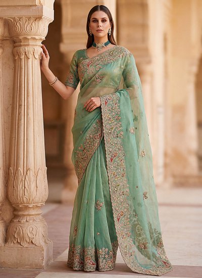 
                            Extraordinary Sea Green Dori Work Silk Trendy Saree