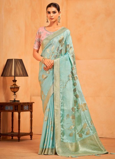 Eye-Catchy Aqua Blue Weaving Trendy Saree