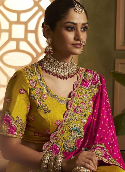 
                            Fab Embroidered Mustard and Pink Saree