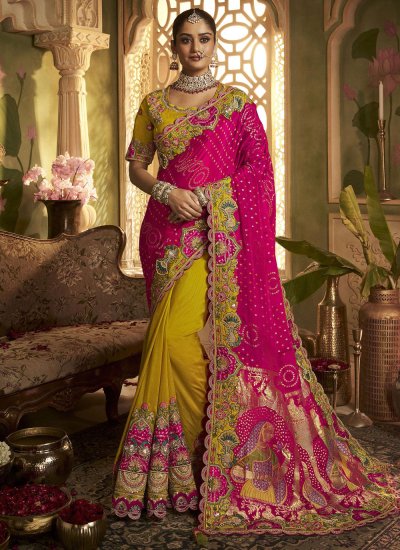 Fab Embroidered Mustard and Pink Saree