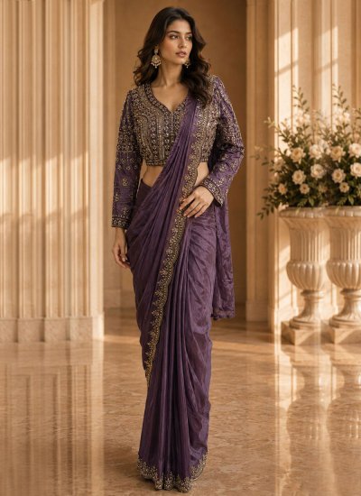 Fancy Fabric Beads Purple Classic Saree