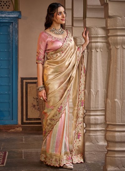 Fancy Fabric Beige Embroidered Classic Saree