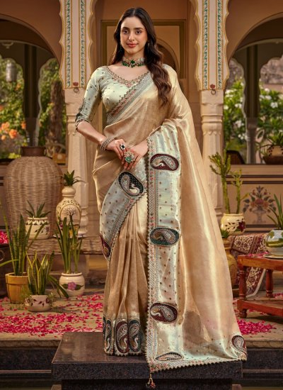 Fancy Fabric Beige Patchwork Classic Saree