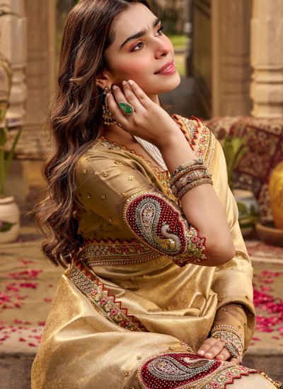 
                            Fancy Fabric Cream Patchwork Contemporary Saree