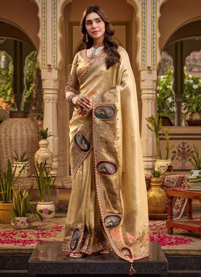 Fancy Fabric Cream Patchwork Contemporary Saree