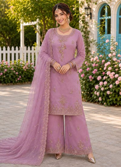 Fancy Fabric Embroidered Lavender Palazzo Salwar Kameez