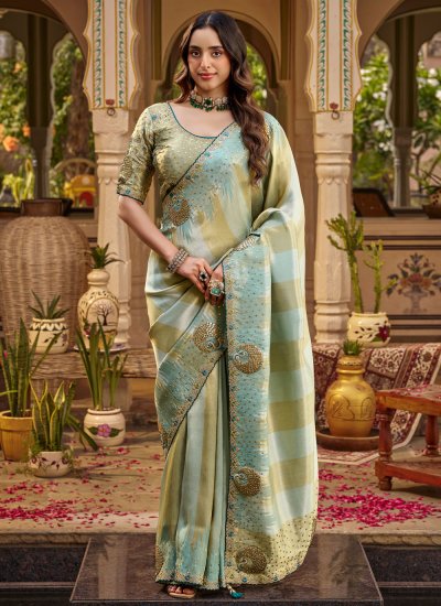 Fancy Fabric Embroidered Sea Green Classic Saree